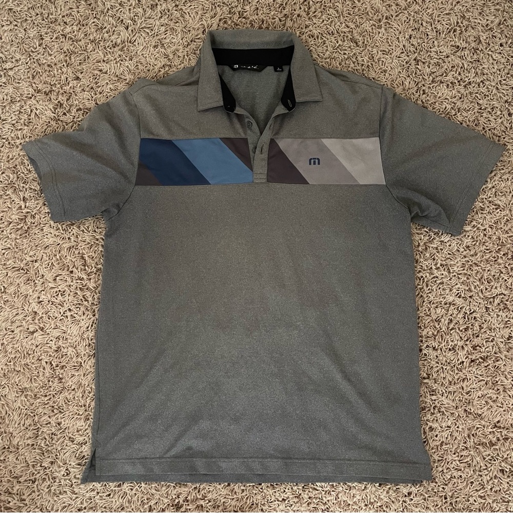 Travis Mathews Men's Gray Polo Shirt with Blue and Black Accents